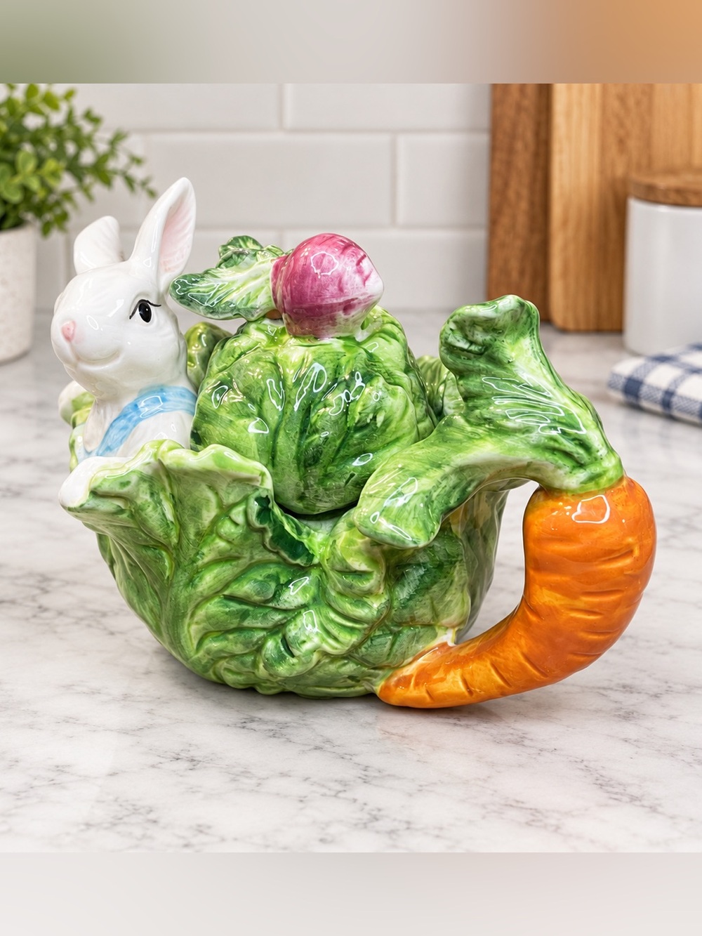 Bunny Rabbit Cabbage Teapot Carrot Handle Radish Lid Ceramic Easter Decor VTG